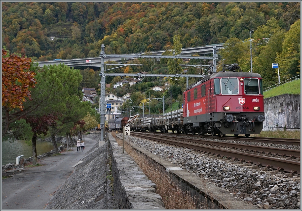 The SBB SWIISPASS Re 4/4 (Re 420 243-8)  smile by SwissPass  wiht a Cargo Train near Villeneuve.

20.10.2020