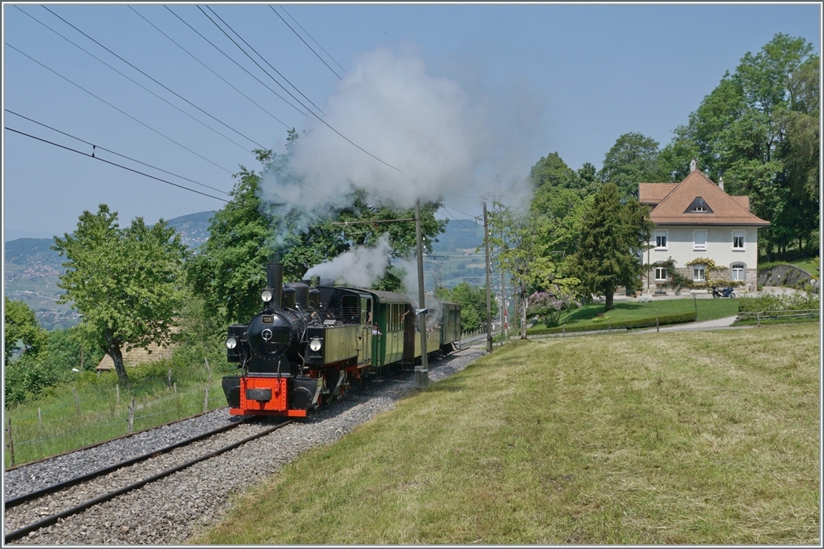 The SEG G 2x 2/2 105 of the Blonay Chamby Railway with his steamertrain Service is by Chaulin on the way to Chamby. 

29.05.2023