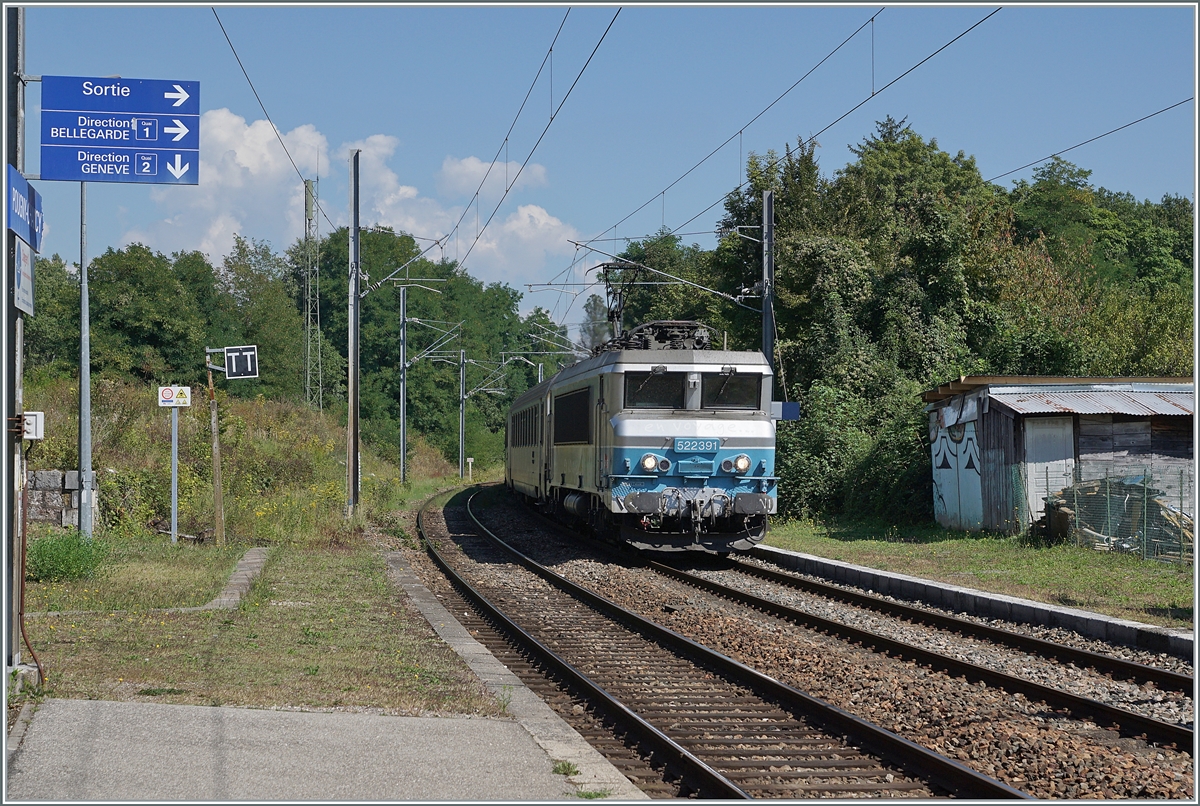 The SNCF BB 22391 with his TER on the way from Geneva to Lyon in Pougny-Channcy. 

06.09.2021