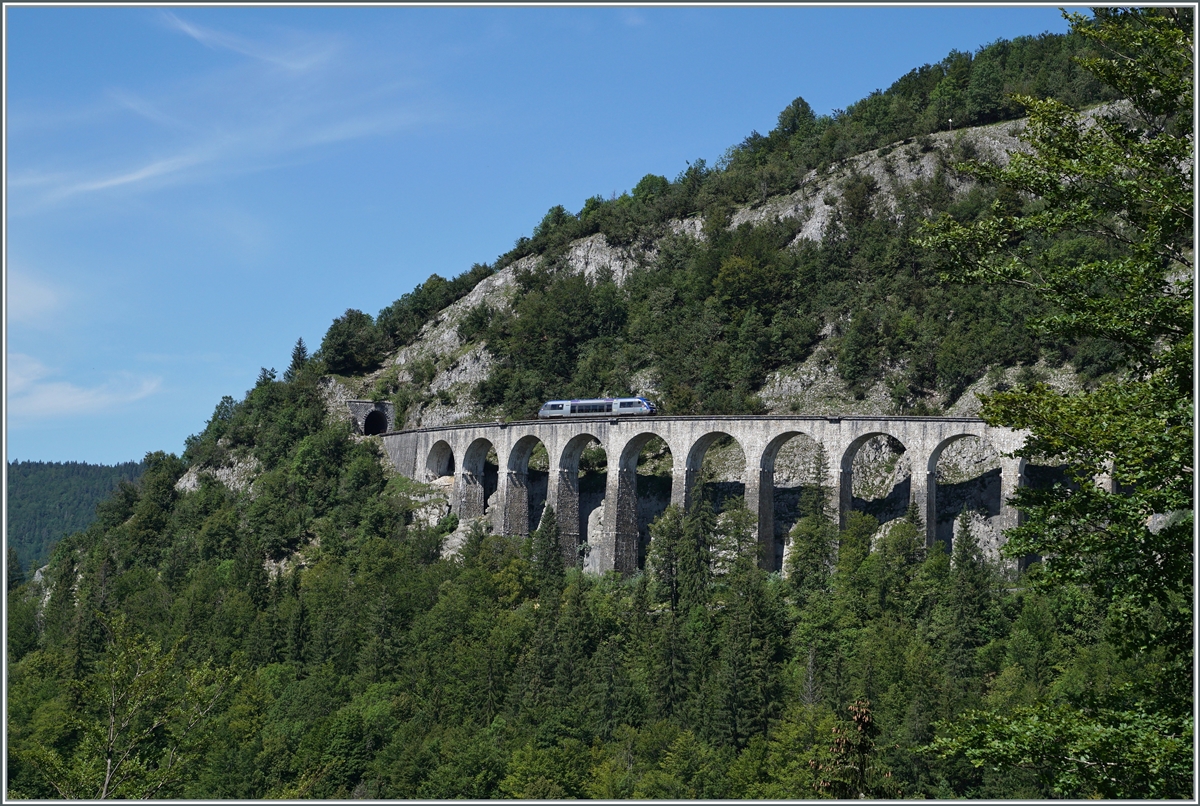 The SNCF X 73657 on the way from Dole to St-Claude on the 165 meter long Viaduc des Crottes near Morbier 

10.08.2021

