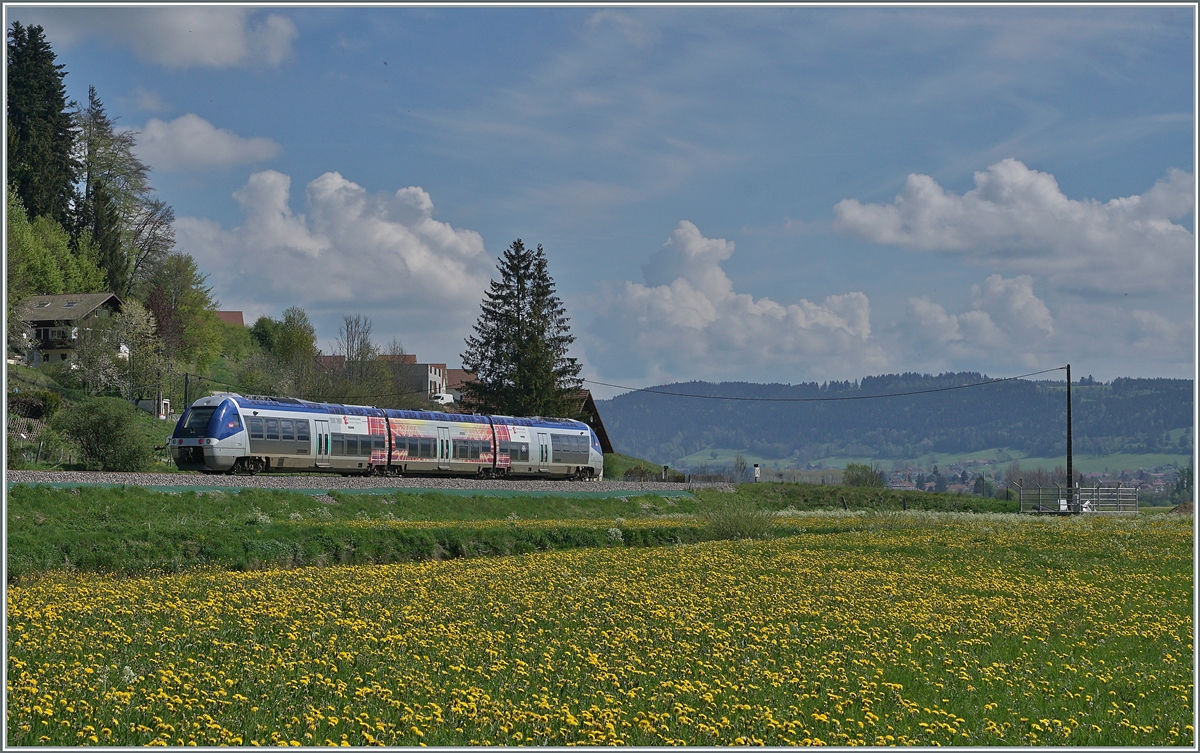 The SNCF X 76713/714 is the TER 18109 on the way form Besançon Viotte to La Chaux-de-Fonds and runs near Pont de la Roche to Morteau. 10.05.2022