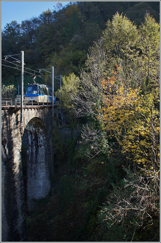 The SSIF  Treno Panoramic Vigezza Vision  between Tronatano and Verigo by the Rio Graglia. 31.10.2014