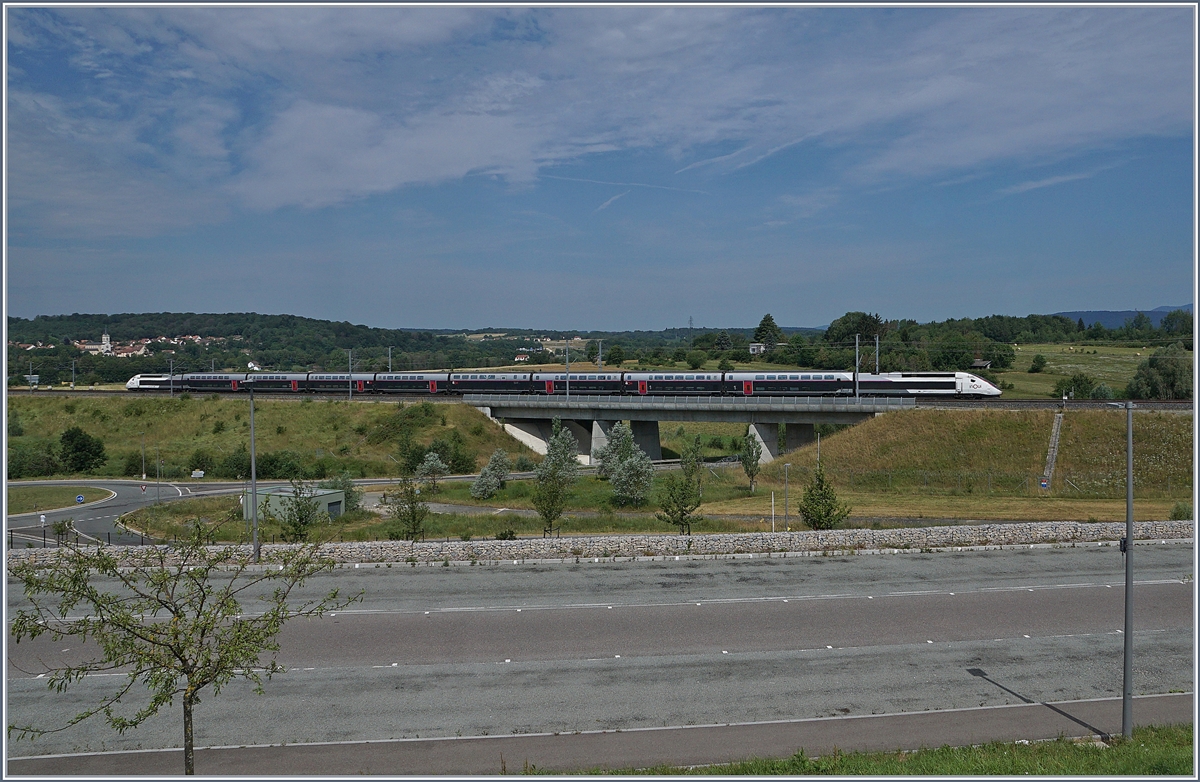 The TGV 9896 from Montpellier to Luxemburg near his next stop Belfort Montbeliard TGV.

06.07.2019