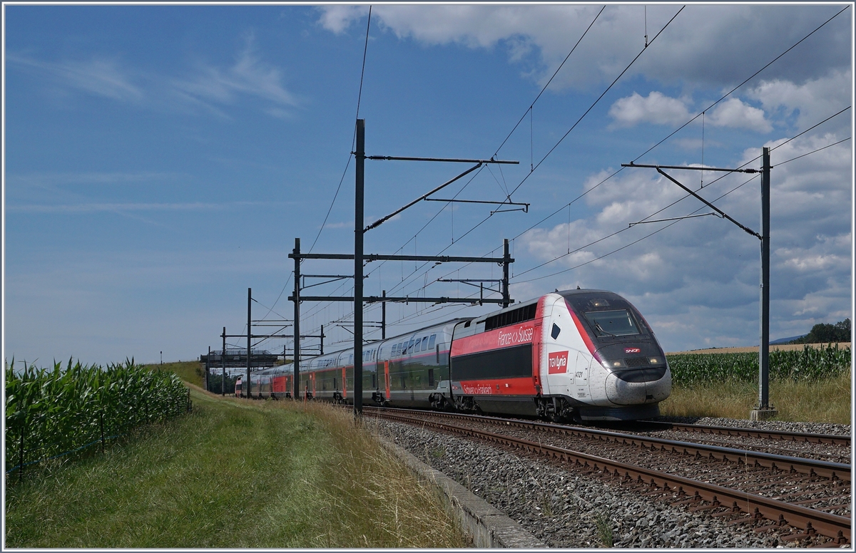 The TGV Lyria 4721 on the way from Vallorbe to Lausanne by Arnex. 

14.07.2020