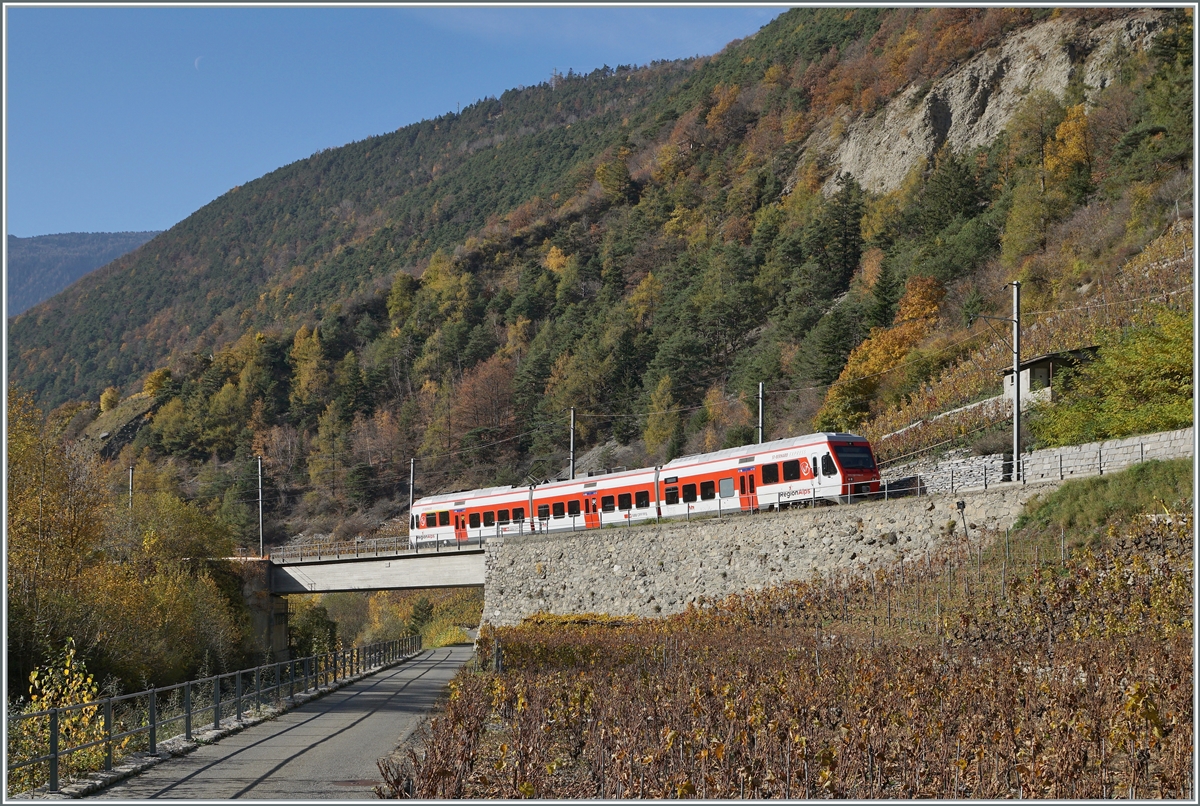 The TMR Region Alpes RABe 525 040 on the way to Martingy in the vineyards by Bovernier.

10.11.2020
