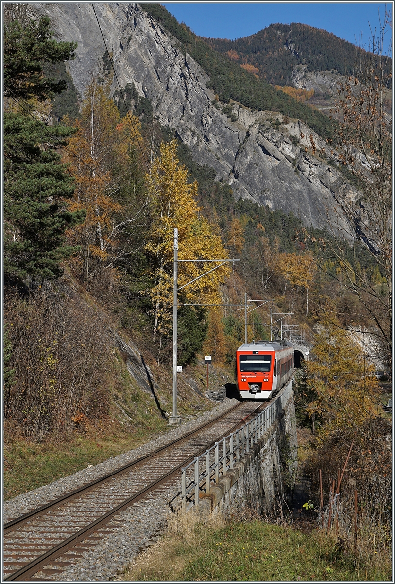 The TMR Region Alps RABe 525 041  NINA  on the way from Sembrancher to Orsières near Sembrancher. 

06.11.2020