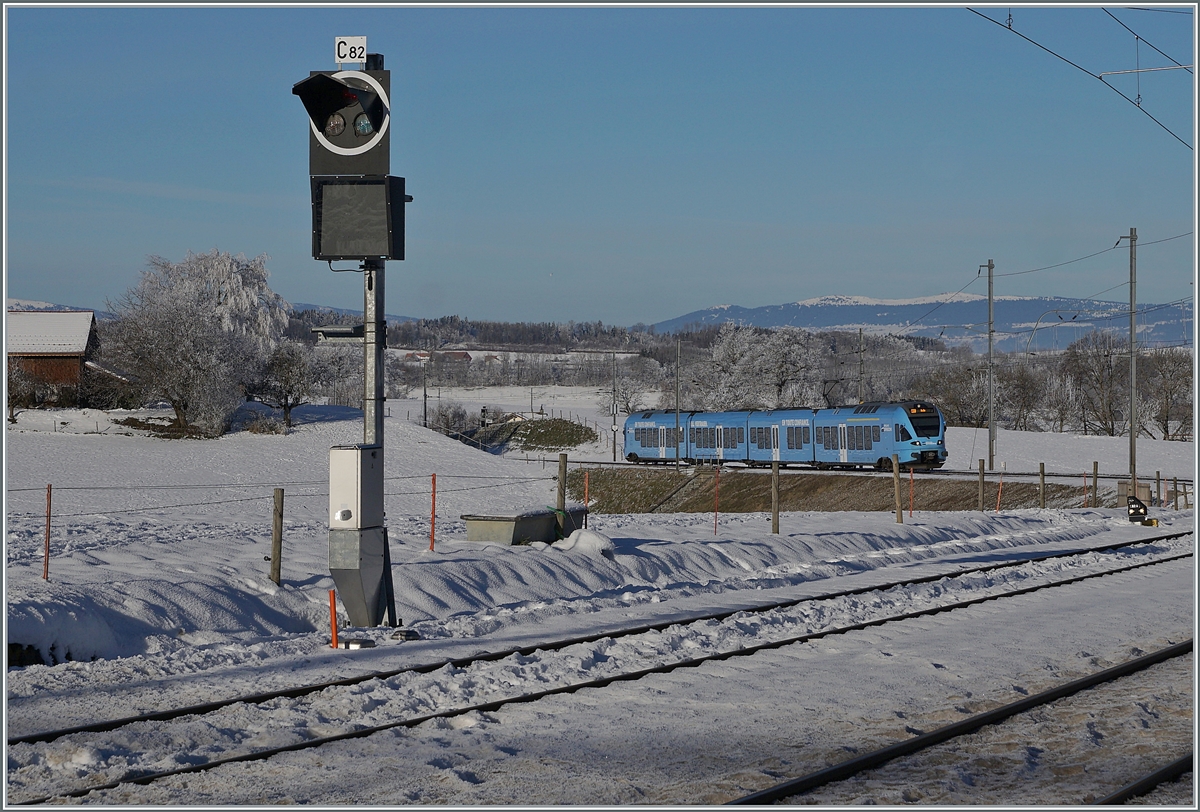 The TPF RABe 527 198  Groupe Grisoni  on the way to Bulle in  Vuisternens-devant-Romont. 

23.12.2021