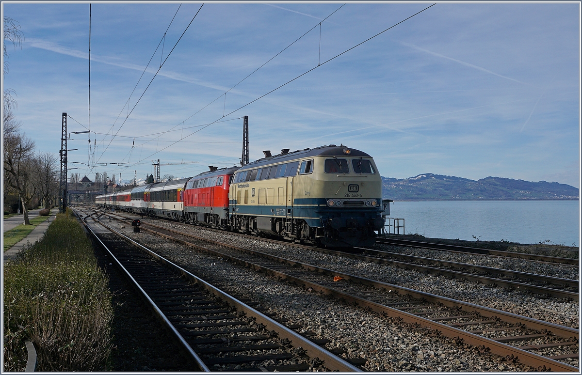 The Westfrankenbahn 218 460-4  Conny  and the DB 218 419-0 with The EC 191 to München in Lindau. 

17.03.2019
