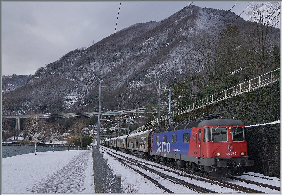 There is not very often snow on the laksite by Villenveuve: The SBB Re 6/6 11610 (Re 620 010-9)  Spreitenbach  on the way in directon to St Maurice.

25.01.2021