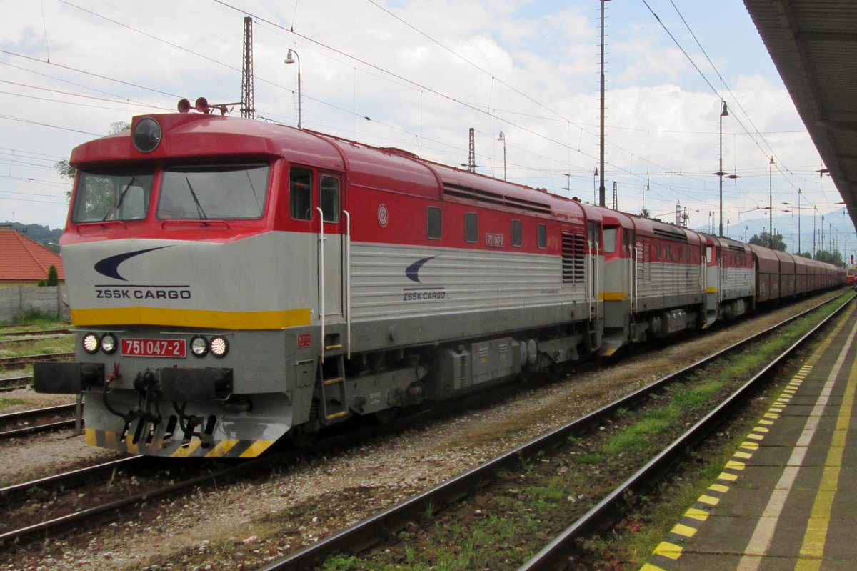 Three Bardotkas with 751 047 in front, stand with a freight at Vrutky on 30 May 2015.