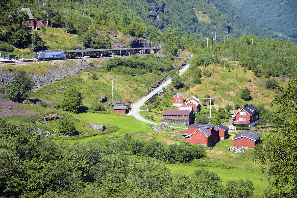 Train on the Flåm line passing the village of Berekvam. Date: 13 July 2018.
