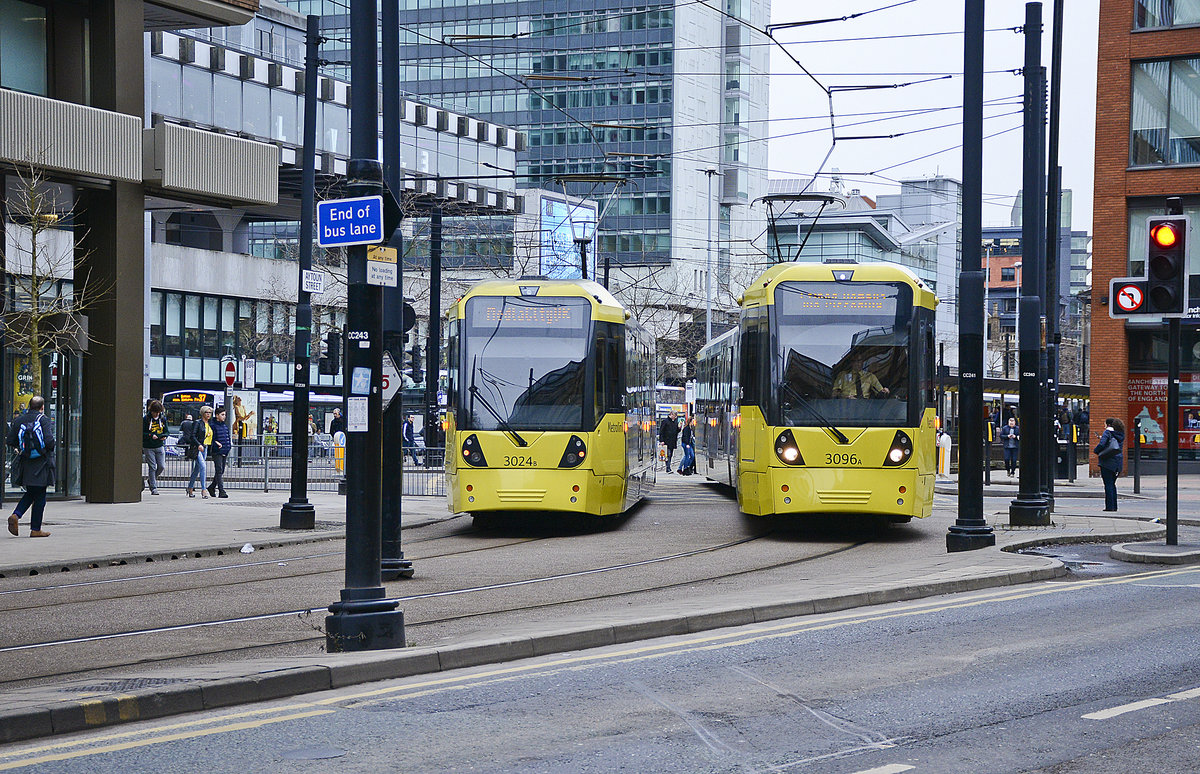 Tram 3024 and Tram 3096 on Manchester Metrolink at the Station Piccadilly Gardens. Date: March 11, 2018.