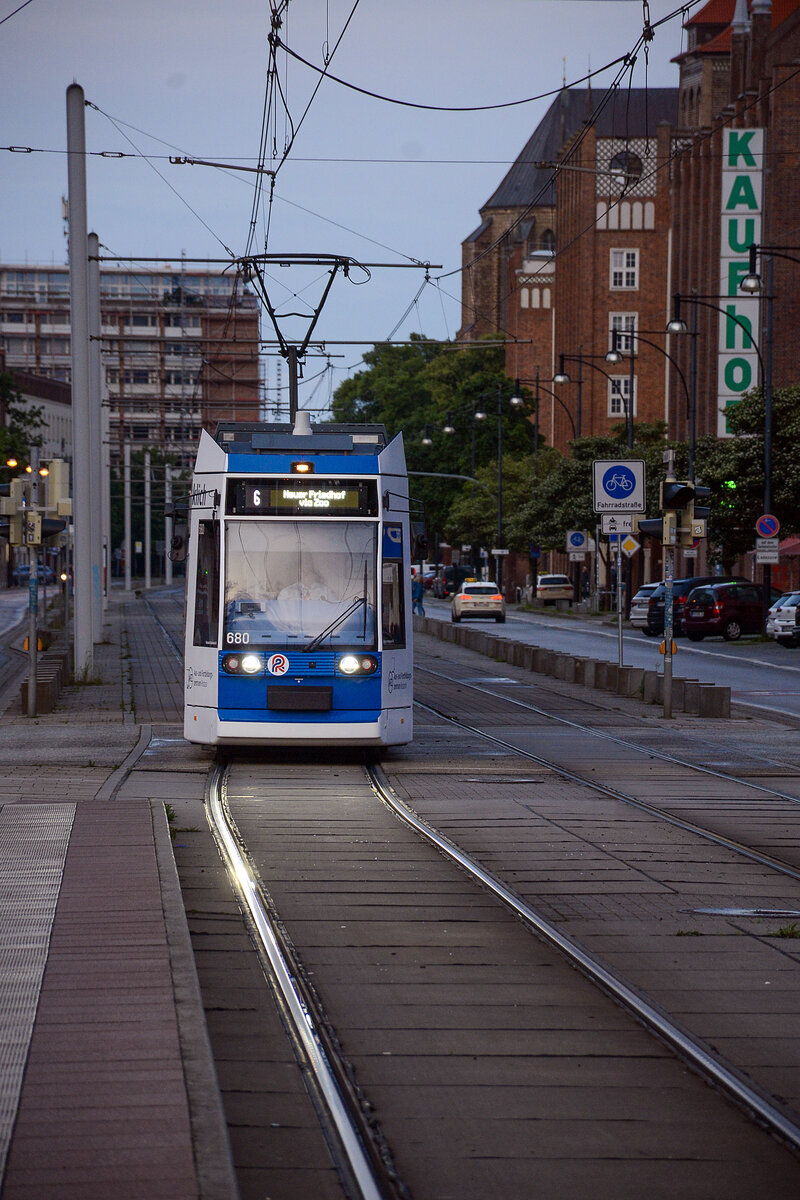Tram 680 belonging to the company RSAG (Rostocker Straßenbahn AG) on line 1 in Lange Straße in Rostock. Date: 7th June 2025.