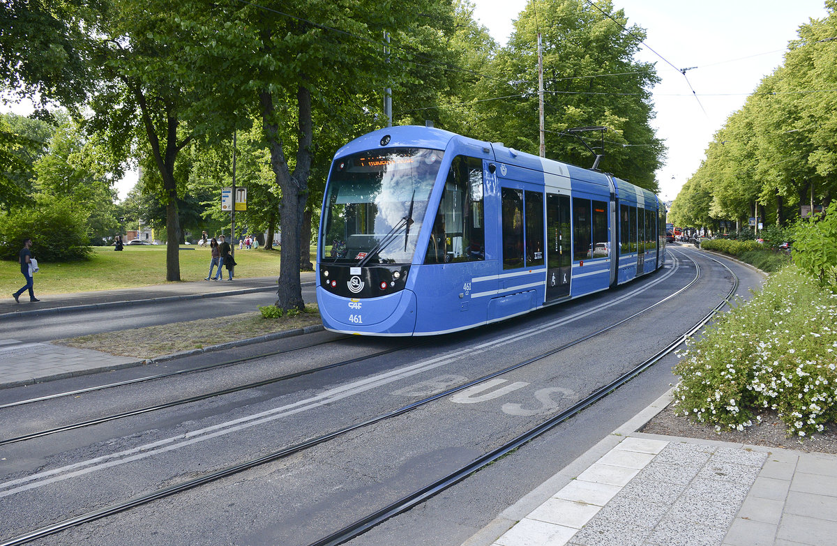 Tram SL (Storstockholms Lokaltrafik AB) 461 at Djurgården in Stockholm. In 1991, one tram line, Djurgårdslinjen, was reopened as a heritage and tourist line. Since 2000, two more tram lines have been built from scratch
Date: 27. July 2017.