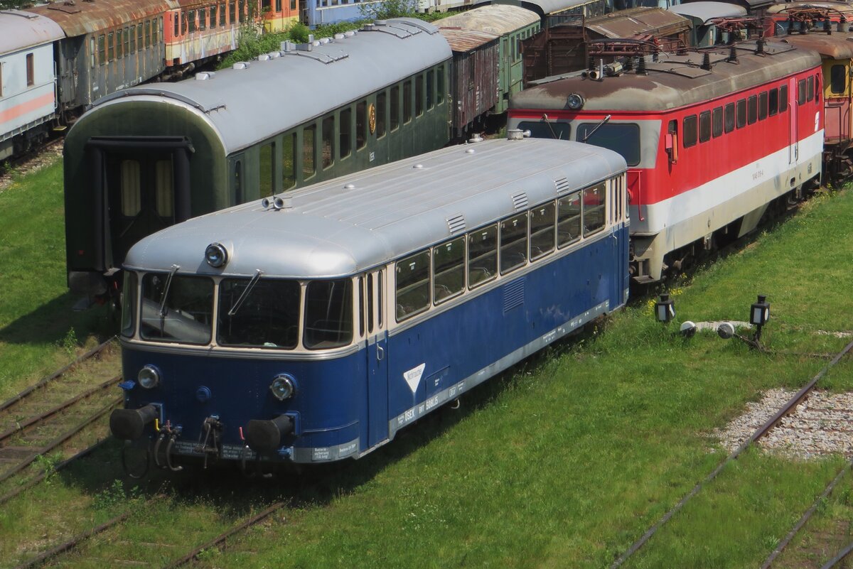 View from a bridge -on 21 May 2023, ex-ÖBB Schienenbus 5081.15 was seen at the Heizhaus Strasshof.