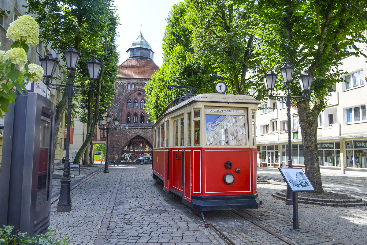 Vintage tram in old city of Słupsk in Poland. Trams in Słupsk operated between 1910 and 1959. Date: August 20 2020.