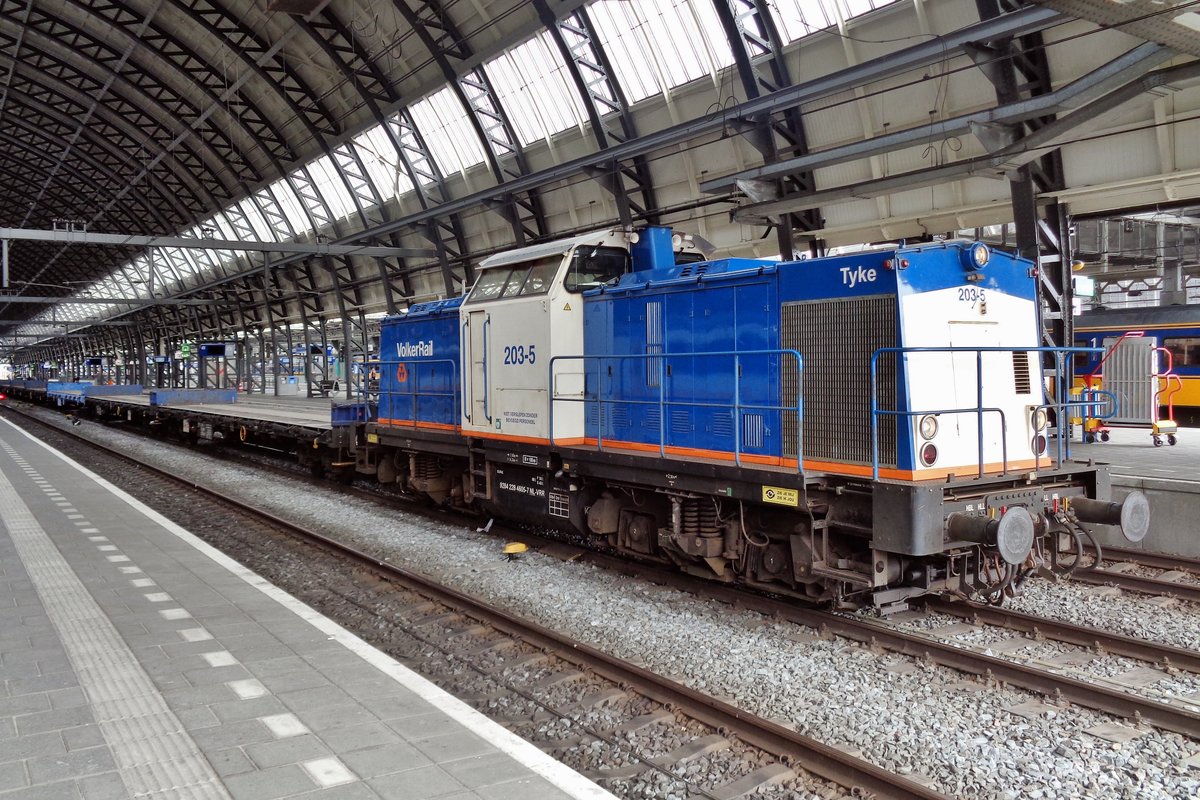 Volker Rail 203-5 stands at Amsterdam central with a transport of rails on 8 July 2018.
