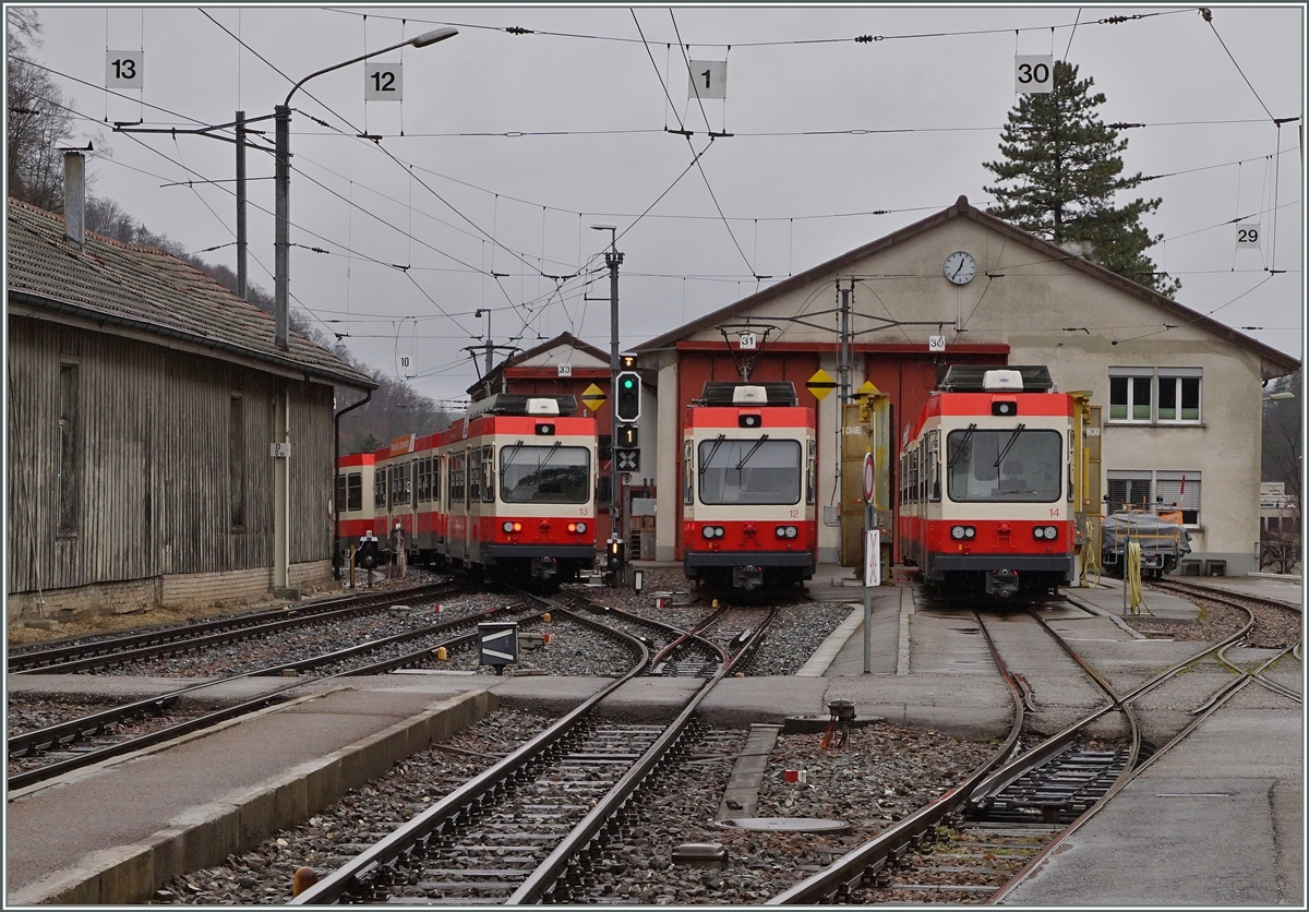 WB BDe 4/4 13 12 and 14 in Waldenburg.
05.03.2016