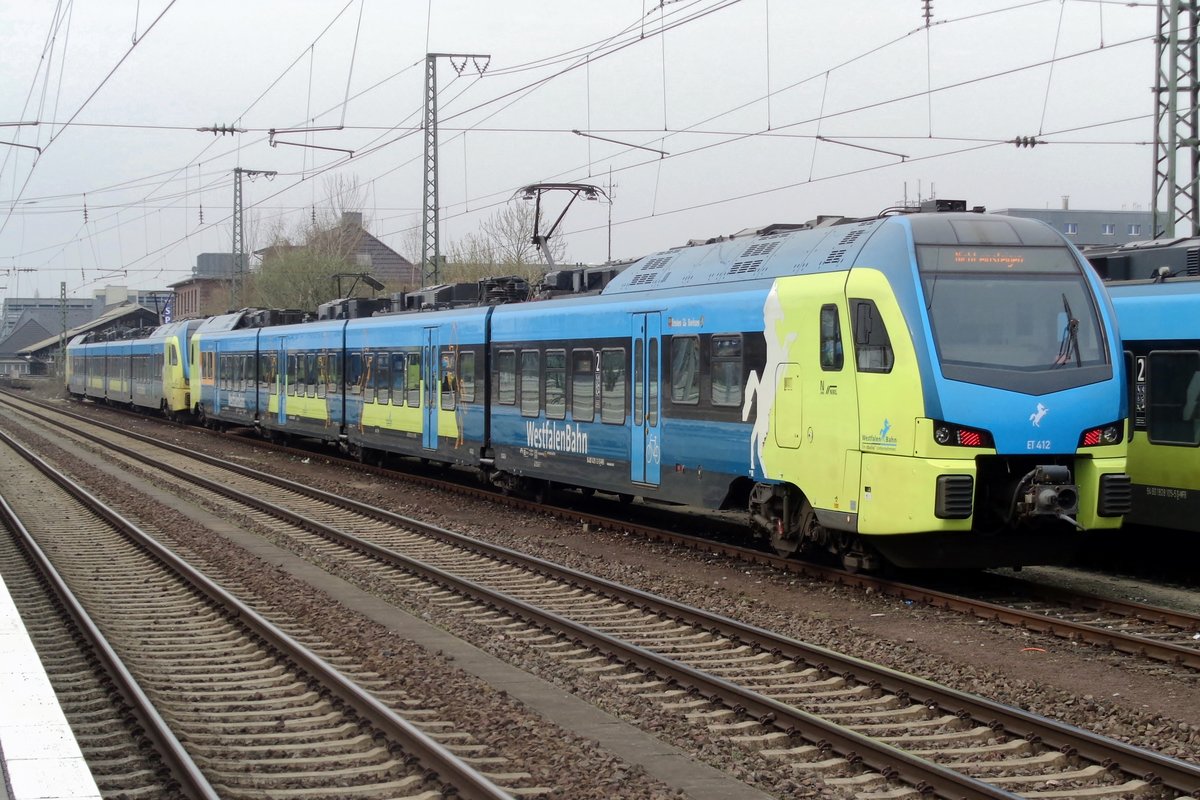 Westfalenbahn ET412 calls at Rheine on 9 April 2018.