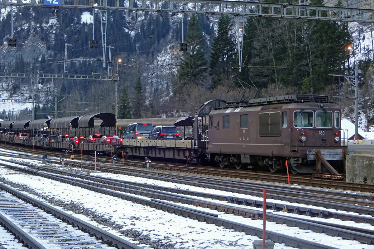 With one of seven car shuttles that hour BLS 180 awaits departure time at Kandersteg on 2 January 2020.