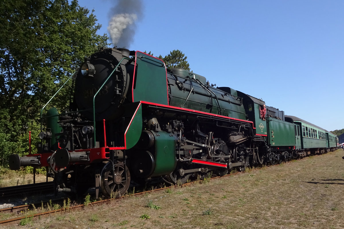 With one of the hourly shuttles to Mariembourg, 29.013 is seen leaving Treignes on a perfect 21 September 2019. The very last NMBS/SNCB steam  loco in normal service was 29.013 in 1966, one of about 280 1D US engines. As the only one of this class in Belgium, she became instantly a designated museum loco even before the last official scheduled steam trip to Dendermonde. On 21 September 2019 she was guest with the CFV3V and receives attention at Mariembourg. Another member of this type rides in HUngary as 411.118 'Truman'. 