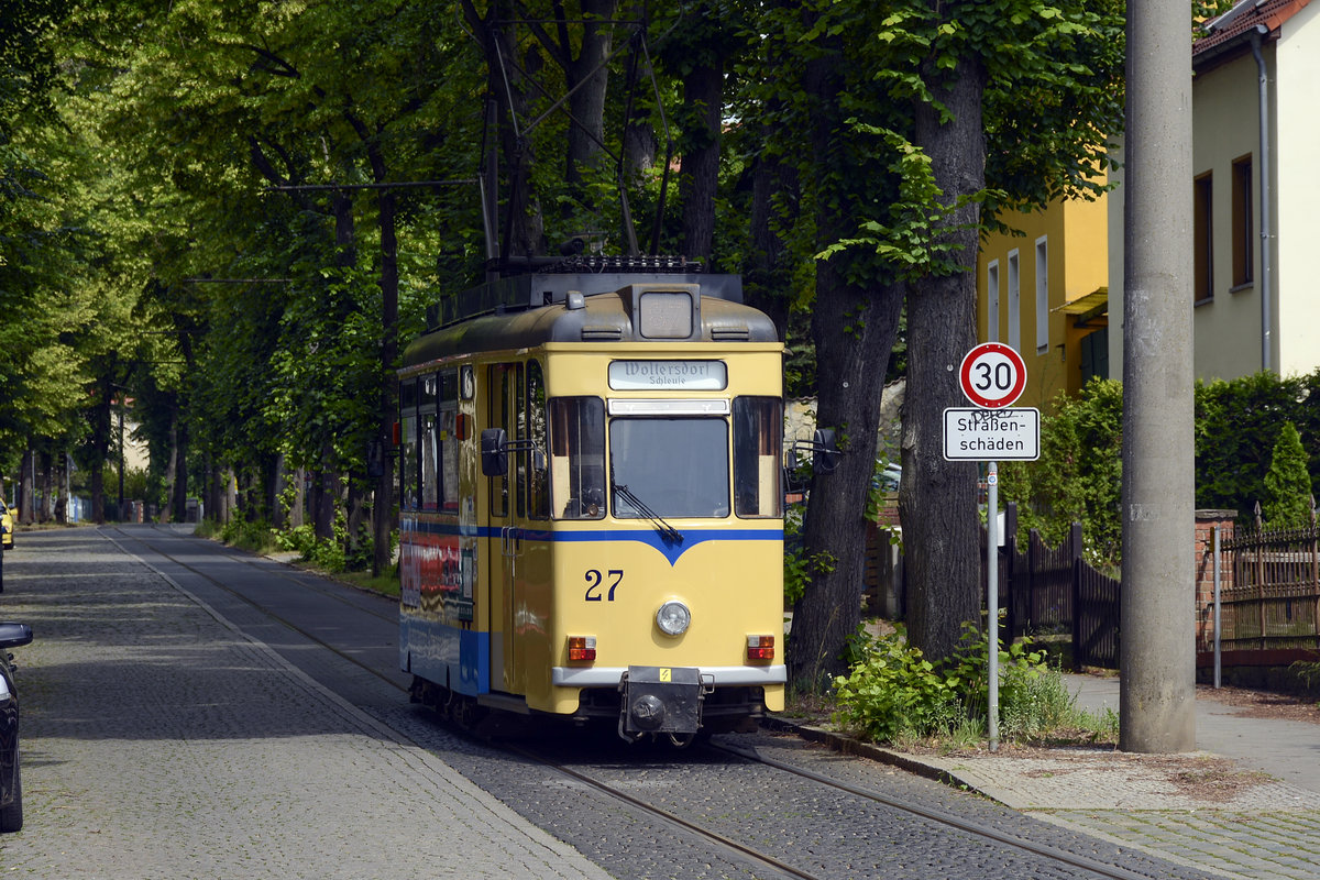 Woltersdorfer Straßenbahn southeast of Berlin - Tram no. 27 - Line 87 in Schleussenstraße in Woltersdorf. Date: 10 June 2019