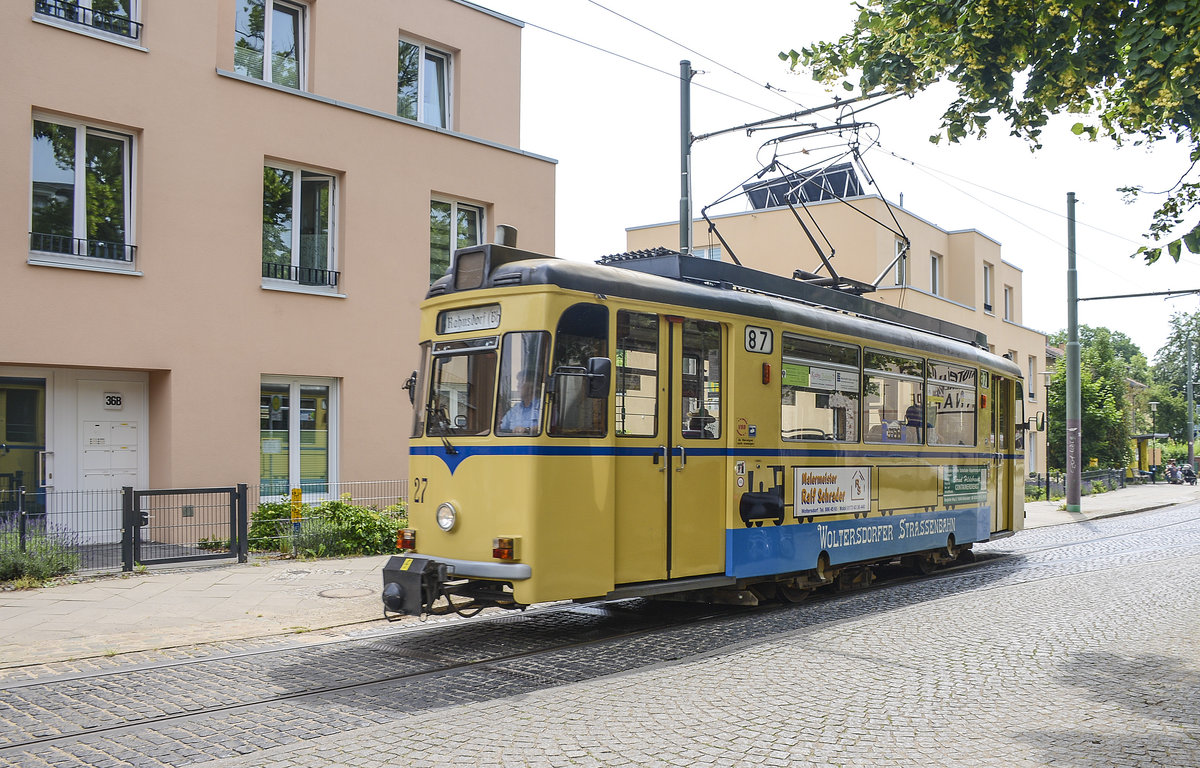 Woltersdorfer Straßenbahn southeast of Berlin - Tram no. 27 - Line 87 in Schleussenstraße in Woltersdorf. Date: 10 June 2019