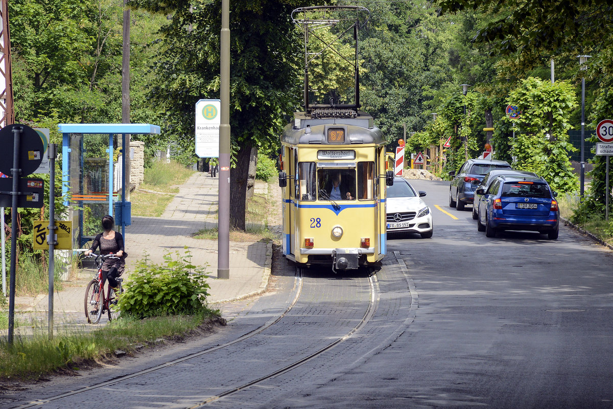 Woltersdorfer Straßenbahn southeast of Berlin - Tram no. 28 at the stop »Hospital« in Woltersdorf. Date: 10 June 2019.