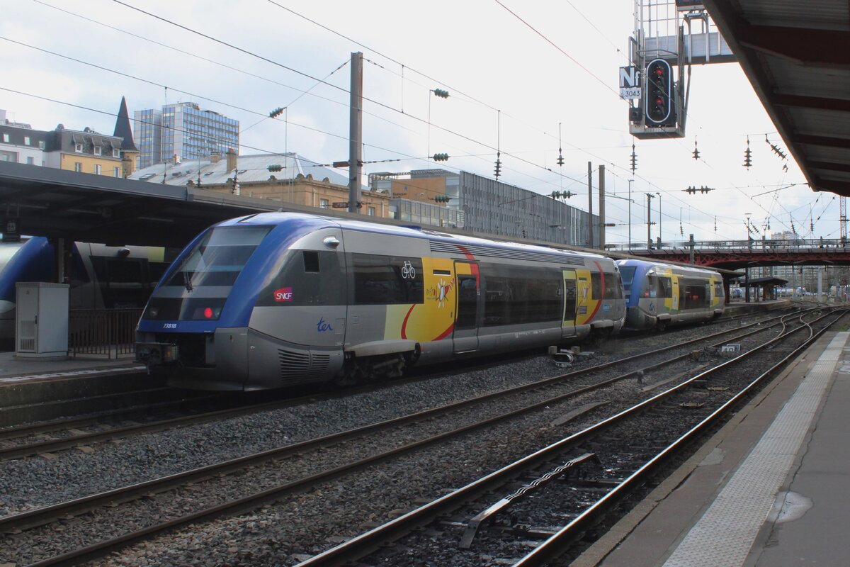 X-73818 quits Nancy-Ville with a local train for Bar on 12 February 2024.