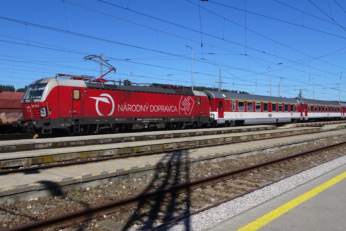 ZSSK 383 101 stands with an IC to Bratislava on 22 June 2022 at Spisska Nove Ves.