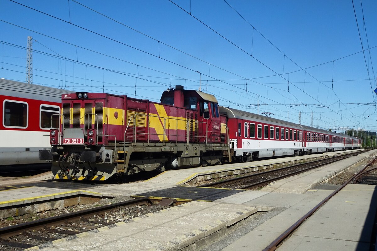 ZSSK 731 051 shunts passenger stock at Spisska Nova Ves on 22 June 2022.