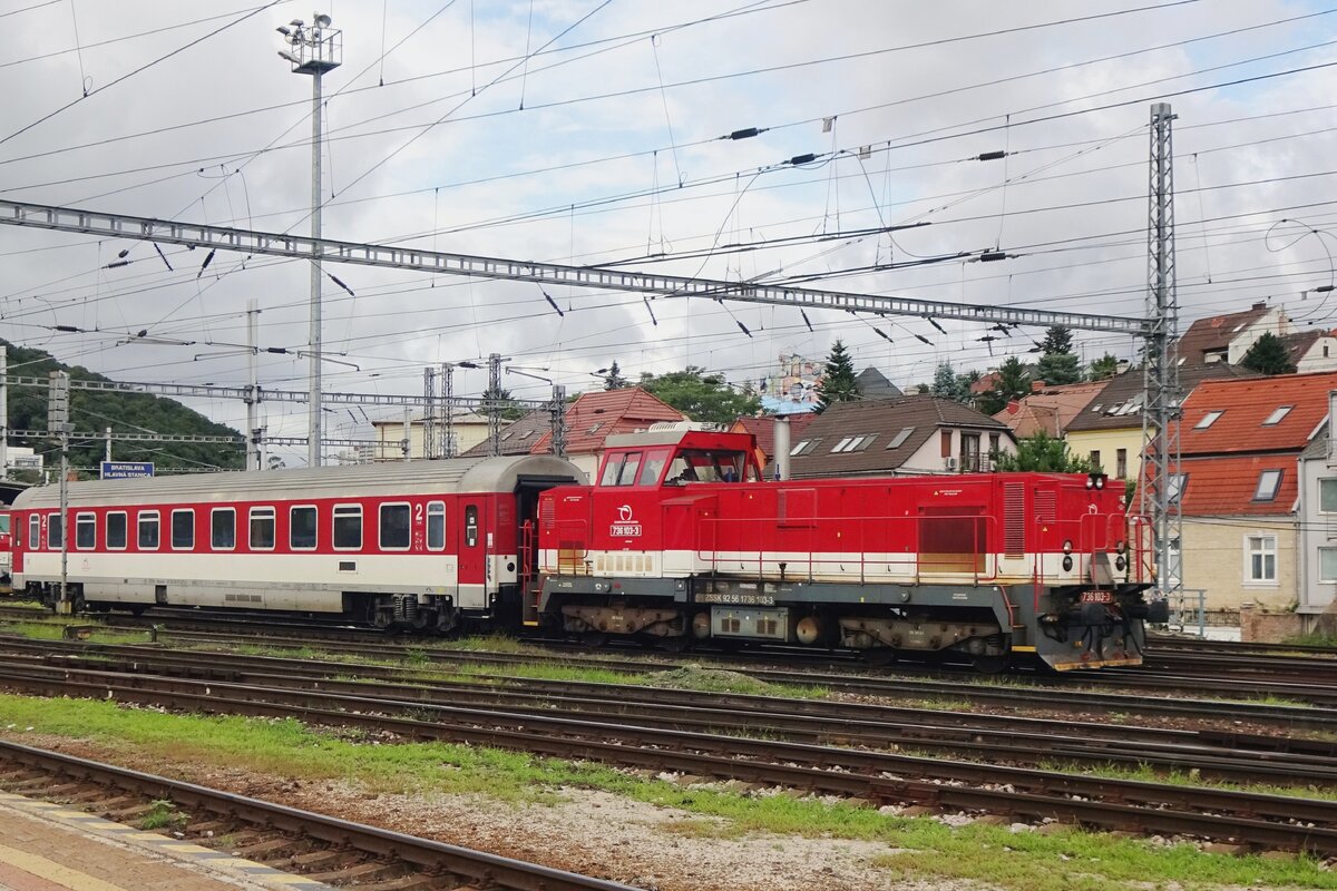 ZSSK 736 103 shunts one coach at Bratislava hl.st. on 27 August 2021.