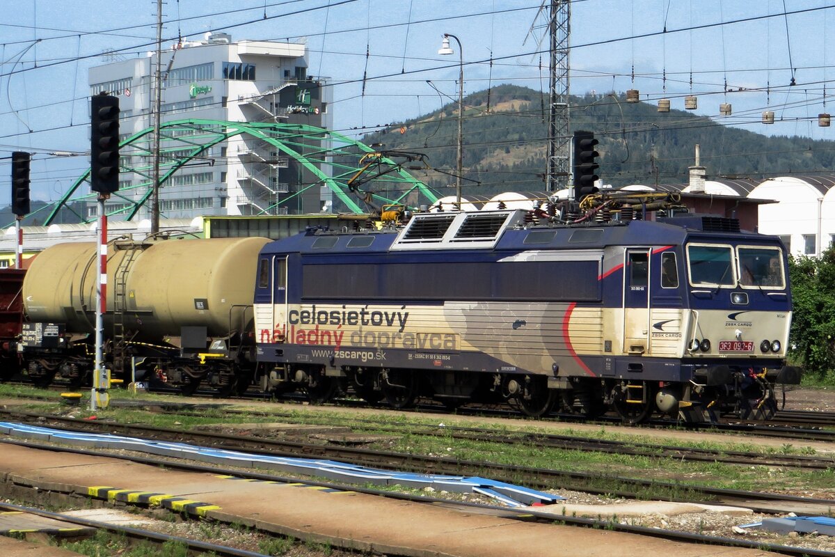 ZSSK Cargo 363 093 hauls a mixed freight through Zilina on 25 August 2021.