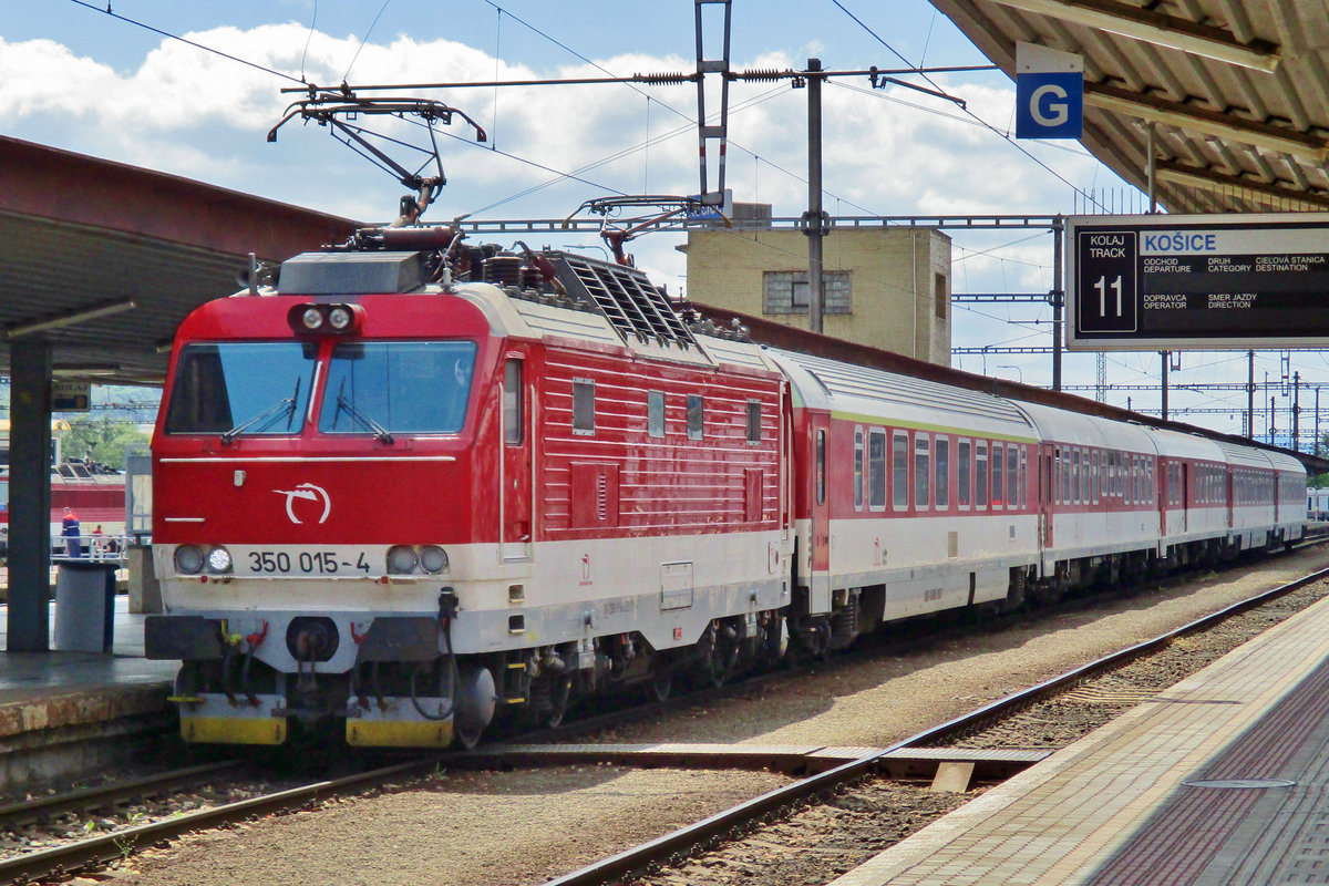 ZSSK Gorilla 350 015 starts with an IC service to Bratislava on a four hour journey at Kosice on 14 May 2018.