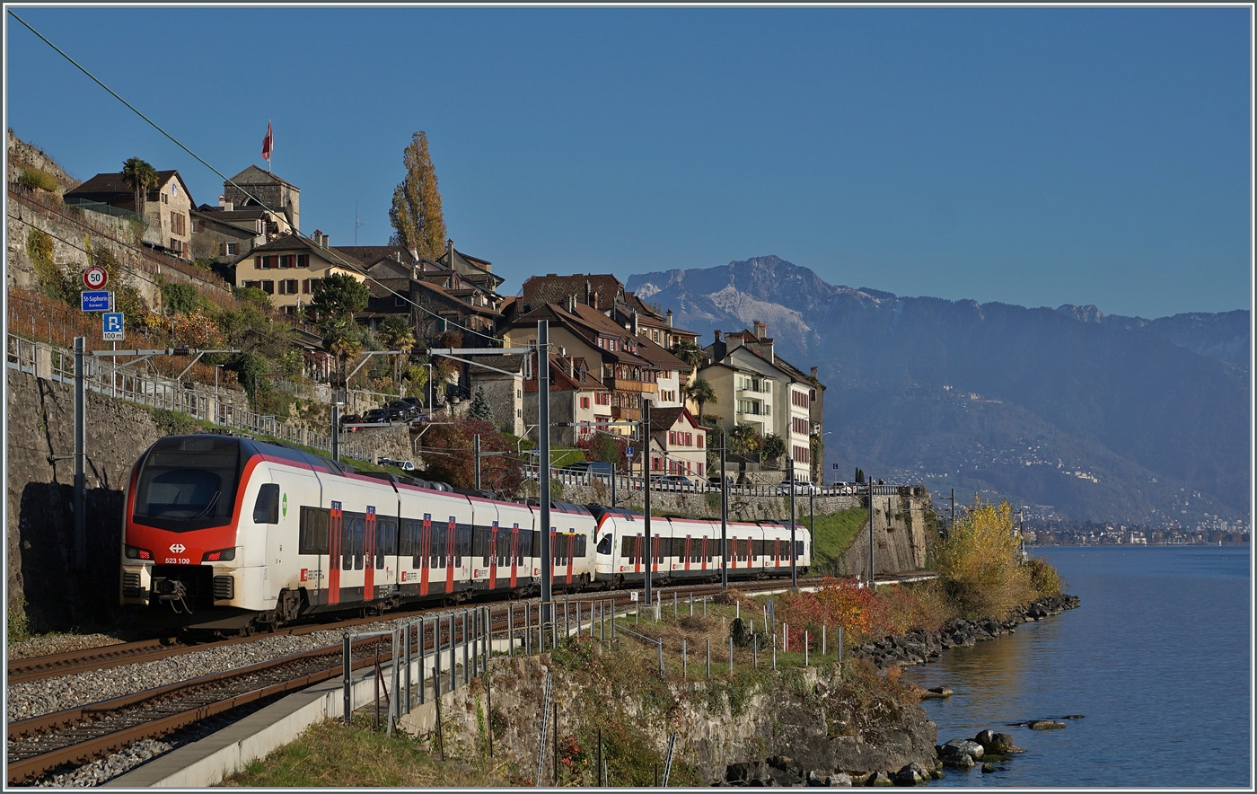 At Saint Saphorin, two Flirts RABe 523 of different types are on their way as a regional train towards Vevey.

15 November 2025