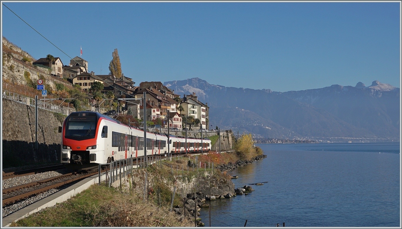 At the front a  Mouette  long-distance Flirt, behind it a Flirt 523.1, are on their way as a regional train near Saint Saphorin heading to Lausanne.

November 15, 2025