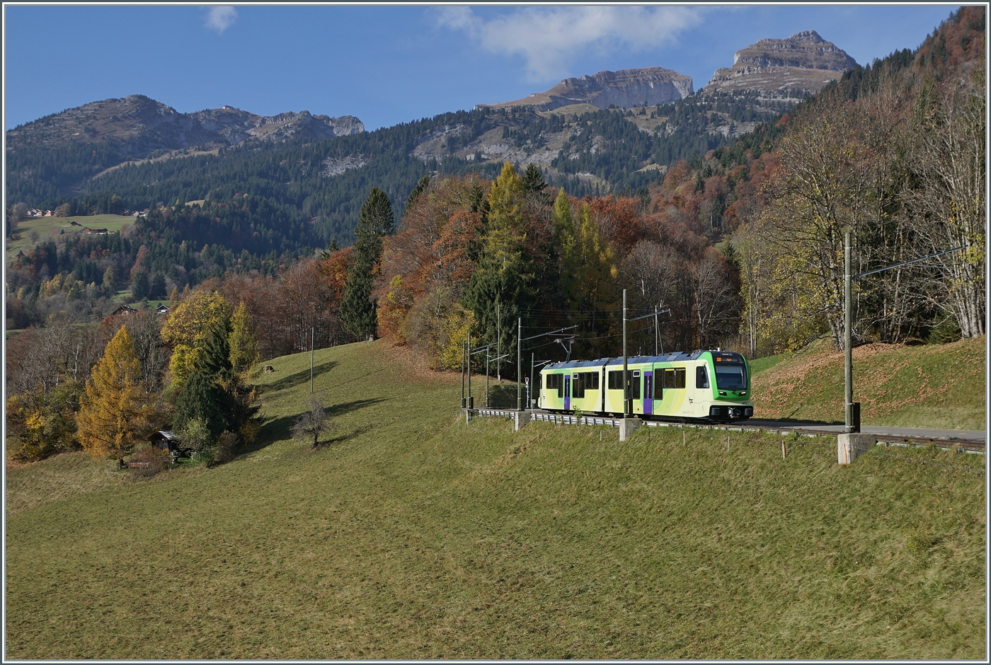 Between Le Sépey and Les Planches, a (new at the time of the photo) ABe 4/8 is in operation.

November 6, 2024