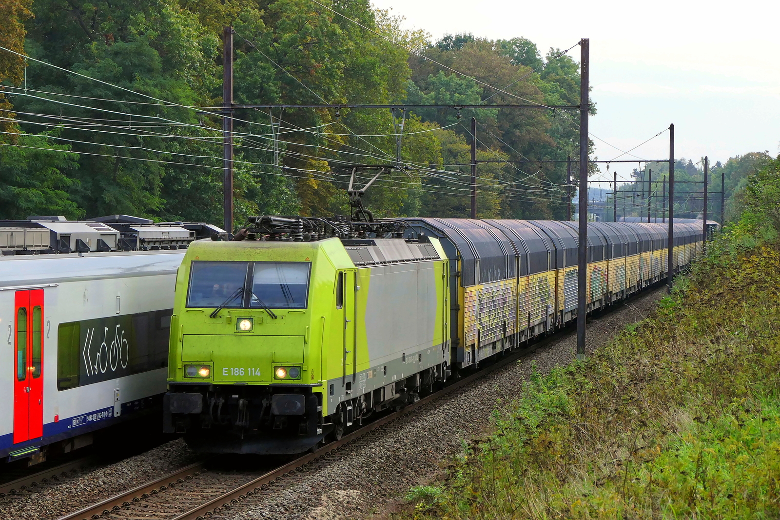 The BLS Nord 186 114 on route to the port of Antwerp with a closed auto train. Bombardier Traxx F140 MS build in 2007 with construction N� 34310. Line 27A at Antwerp Airport. 29-09-2026