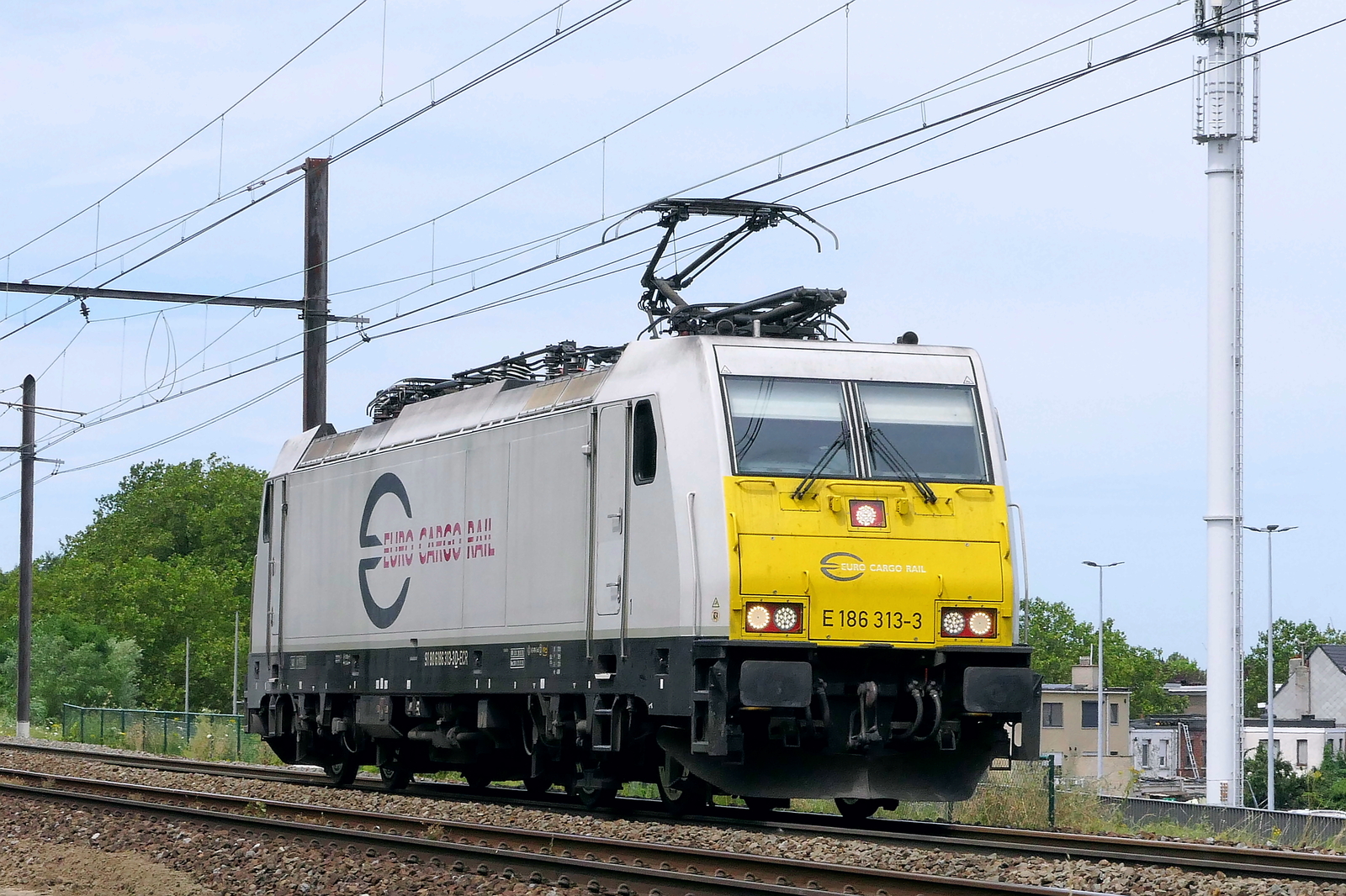 The Euro Cargo Rail 186 313 coming from the port of Antwerp. Bombardier Traxx F140 MS build in 2010 with construction N� 34790. Line 27A at Antwerp Airport. 07-07-2026