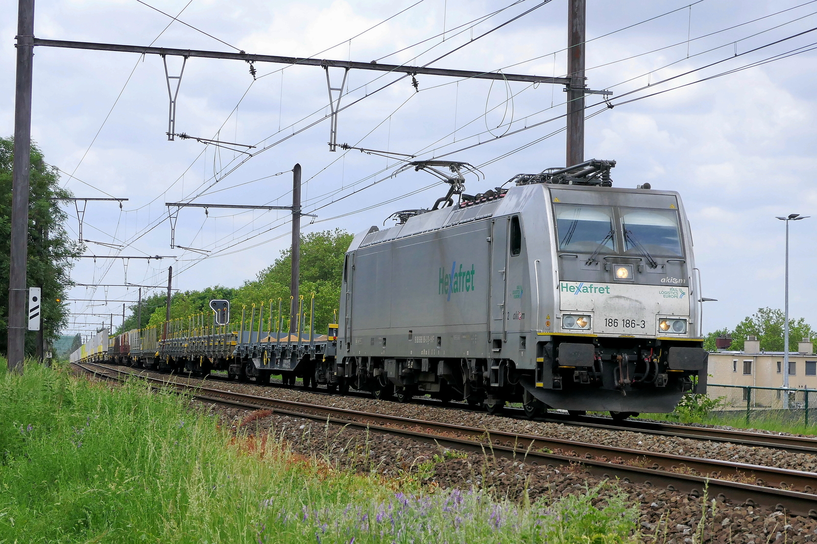 The Haxafret 186 186 with an empty flat bed train from the port of Antwerp to France. Bombardier Traxx F140 MS2e build in 2009 with construction N� 34470. Line 27A at Antwerp Airport. 01-06-2026
