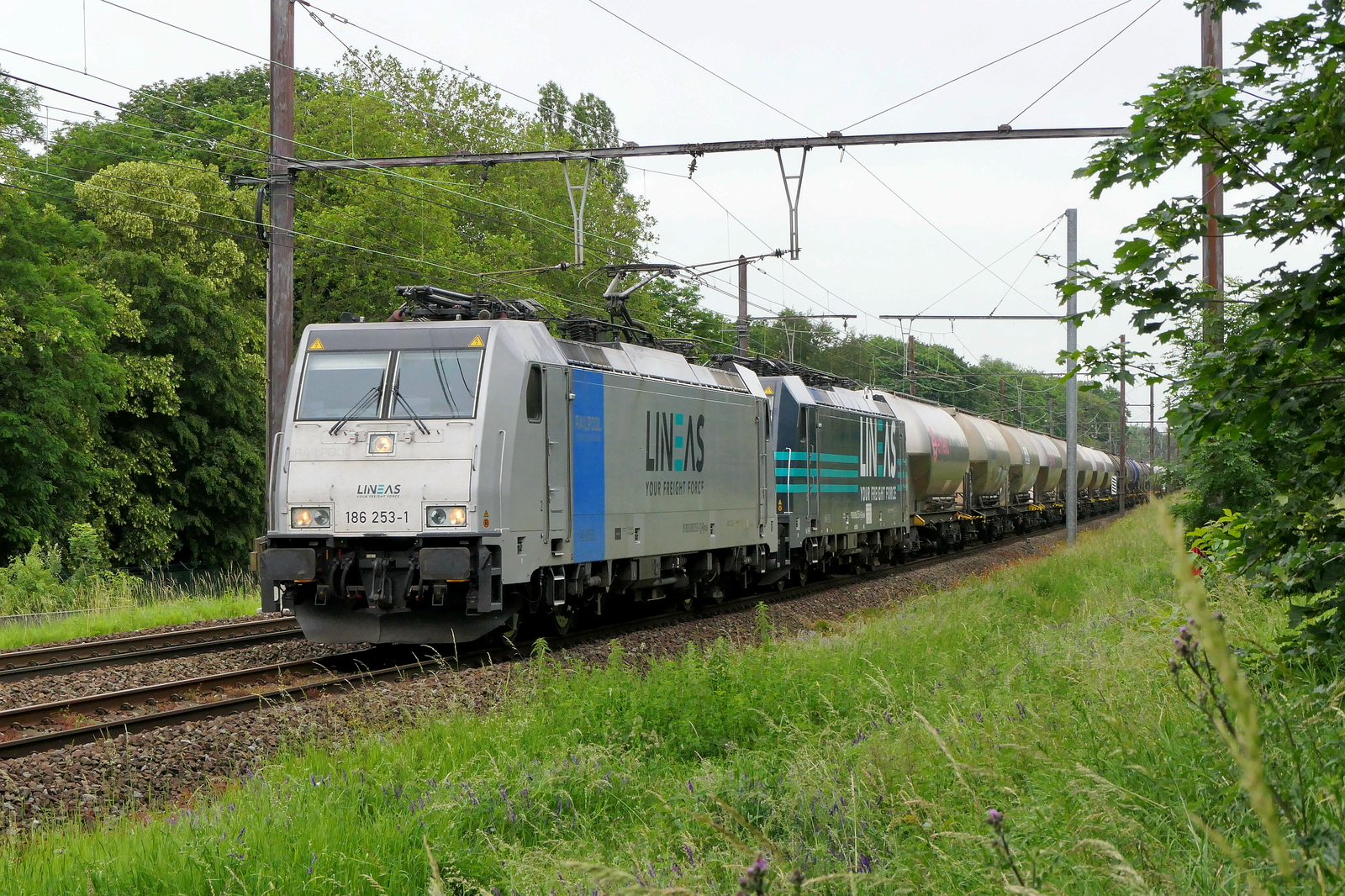 The Lineas 186 253 double traction with the 186 255 with a tank train on route to the port of Antwerp. Bombardier Traxx F140 MS2e build in 2016 with construction N� 35310. Line 27A at Antwerp Airport. 08-06-2026