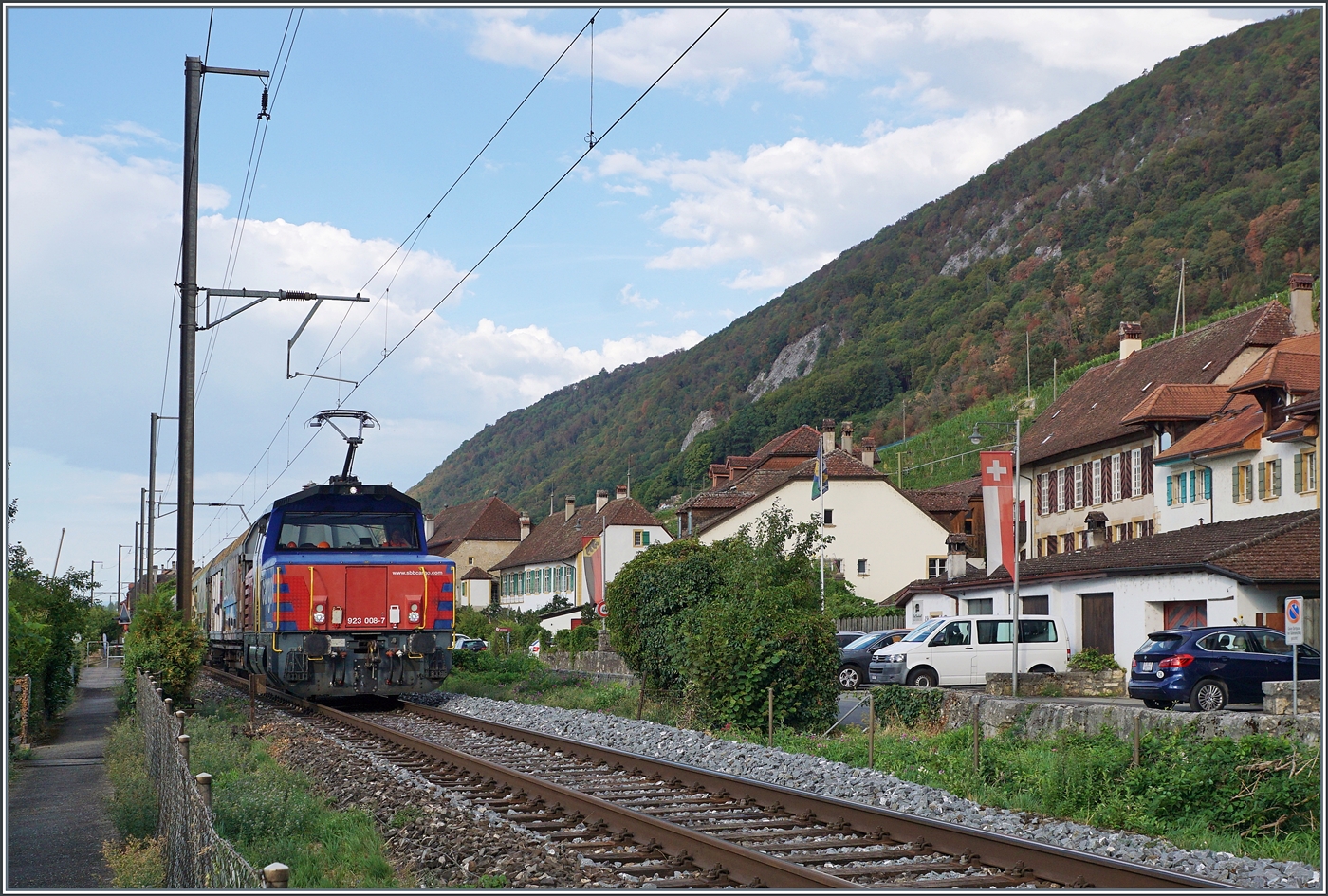 Le SBB Cargo Eem 923 008-7 avec un train de marchandises près de Ligerz en direction de Bienne.

24 août 2026