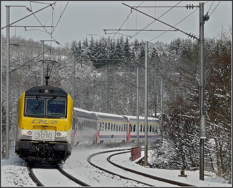 3010 is running through Enscherange on a cold and snowy March 25th, 2008. 