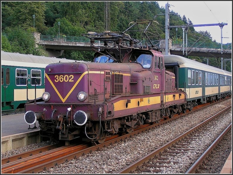 3602 is waiting for the departure to Troisvierges at the station of Clervaux on August 31st, 2004.