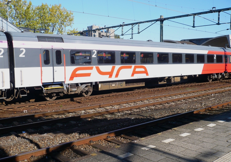 Coach number 50 84 20-70 230-2 in a train (which is replacing the real FYRA highspeedtrain) coming from Amsterdam via the new highspeedline entering Rotterdam Centraal Station on 14-10-2009. The real FYRA highspeedtrain doesn't run yet because of technical problems.