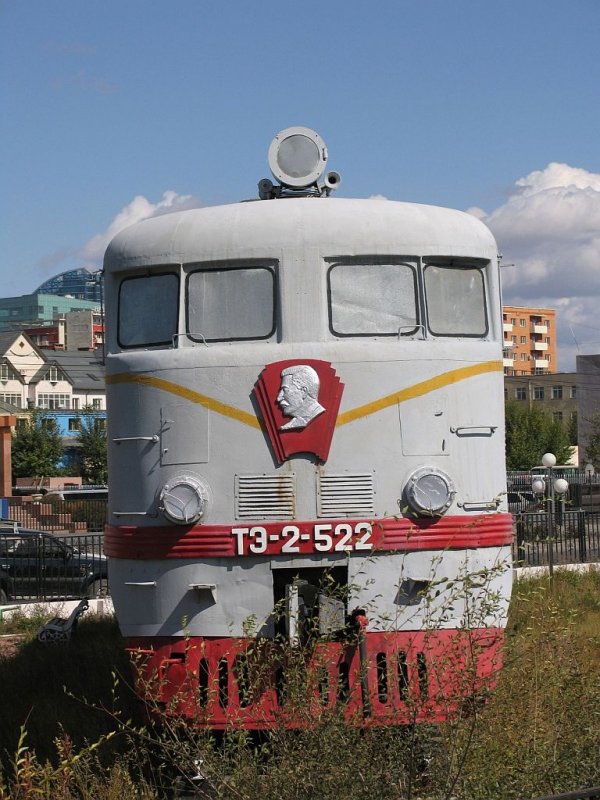 Diesel locomotive T3-2-522 with Joseph Stalin on the front in the railway museum of Mongolia in Ulaanbaatar on 16-9-2009.