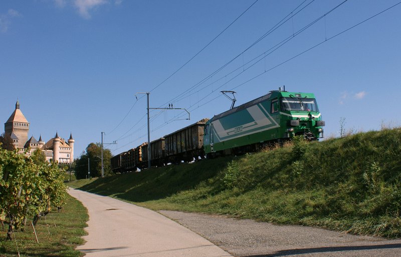 Ge 4/4 with a Cargotrain by the Castle of Vufflens.
(13.10.2009)