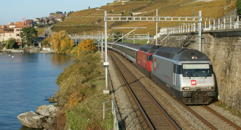 It's really not very often, than two Re 460 are on the same train: Re 460 100-1 and an other one with an IR to Brig by Rivaz. 
27.10.2009