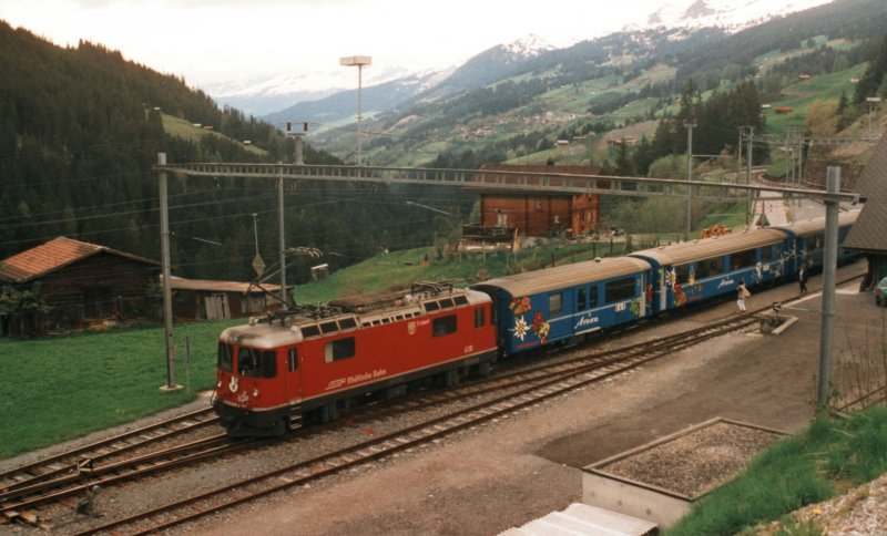 Local train with Ge 4_4 628 towards Arosa on 17.05.1999 at Langwies.
