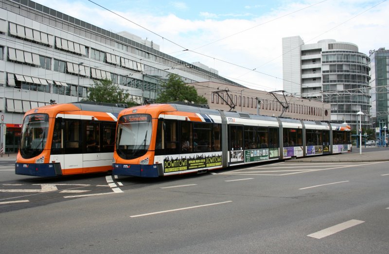 OEG line 5r with two OEG RNV6 140(4140) and MVV 761 on 13.07.2009 in front of Heidelberg main station. 
